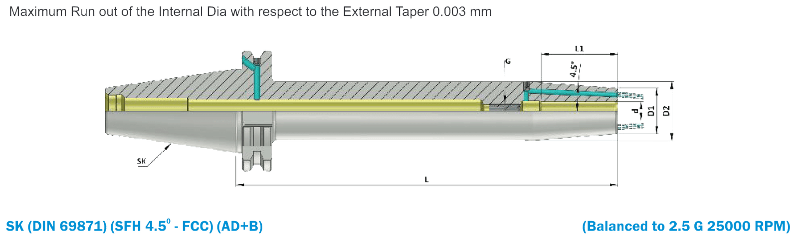 SK50 SFH08 200 (AD+B) Extra Long Length Shrink Fit Holder With Face Coolant Channel (FCC) Balanced to 2.5G 25,000 RPM (DIN 69871) (DIN ISO 7388 - 1)