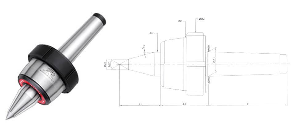 CNC Heavy Duty R Model With Draw-off Nut MT3 Extended Point With Carbide Tip Revolving Center For High Speed Applications as in CNC Turning Lathes